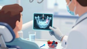 Стоматолог показывает пациенту 3D-скан челюсти, помогая правильно подготовиться к имплантации зубов по гайду 2026 года