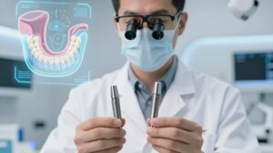 Стоматолог в футуристичной клинике проводит сравнение систем Straumann Nobel Biocare 2026 года