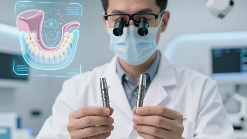 Стоматолог в футуристичной клинике проводит сравнение систем Straumann Nobel Biocare 2026 года
